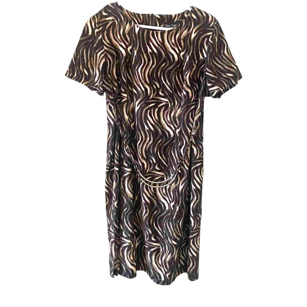 Tall Girl Brown Tan Animal Swirl Print S/S Dress Womens 18 Tall Front Belt NWT
